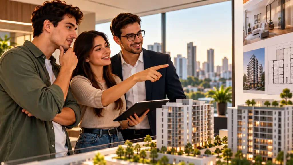 Jovens analisando opções de imóveis e novos empreendimentos